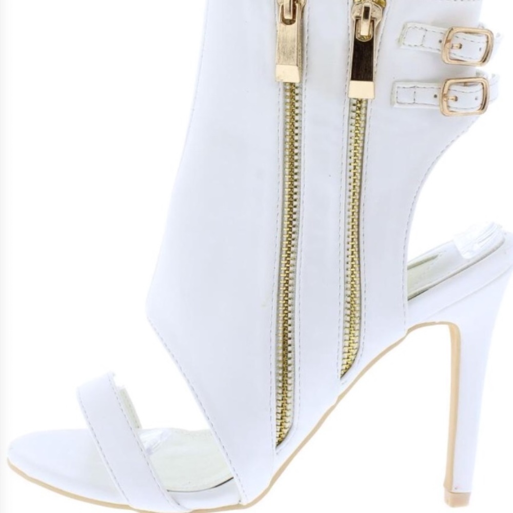 New White Cut Out Zipper Design Silhouette Heels